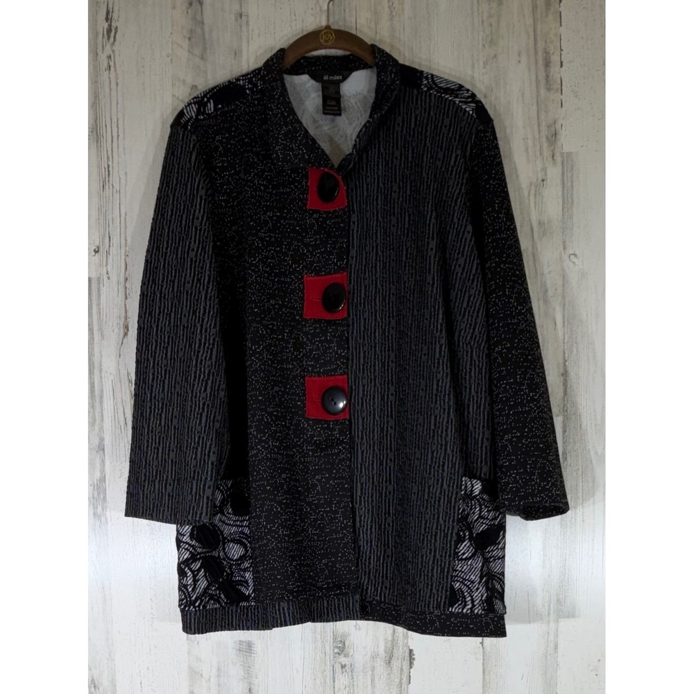 Ali Miles Jacket Cardigan 1X Black Gray Mixed Media Art to Wear Artsy Lagenlook